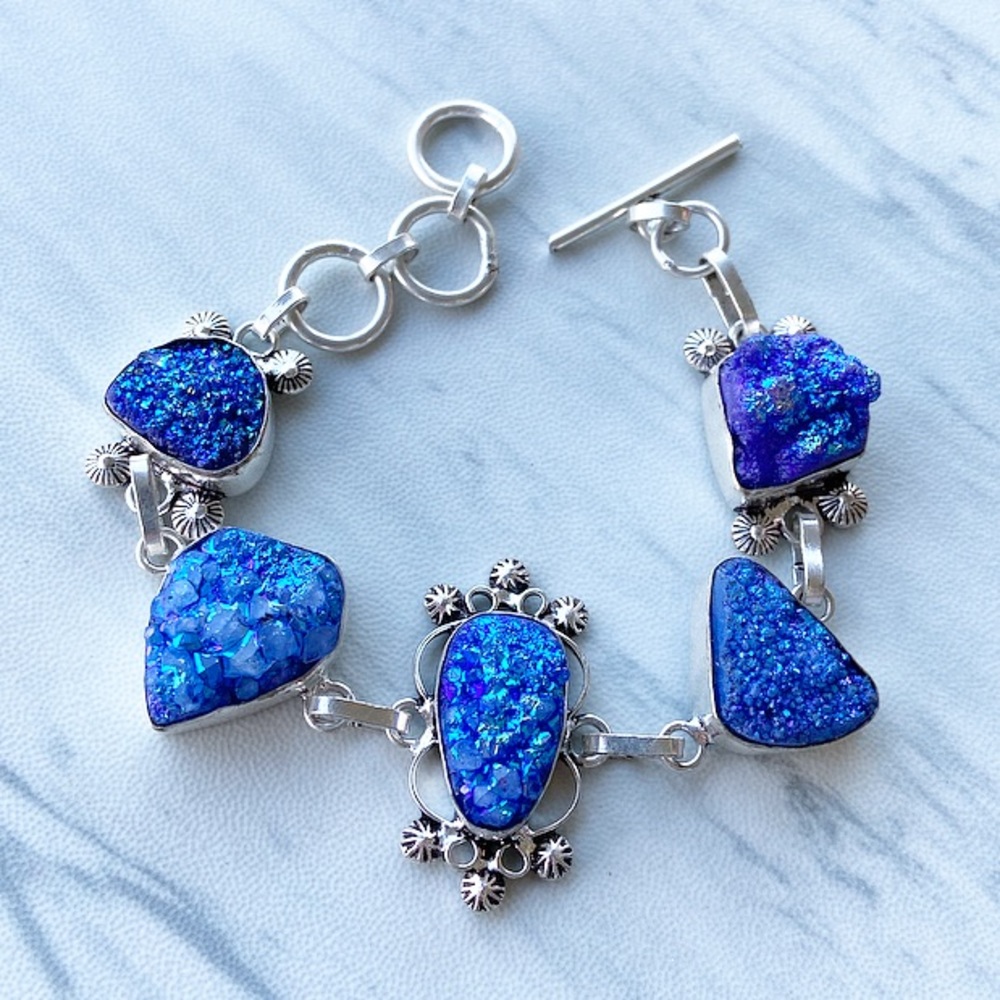 925 Sterling silver blue druzy quartz bracelet - Picture 3 of 9